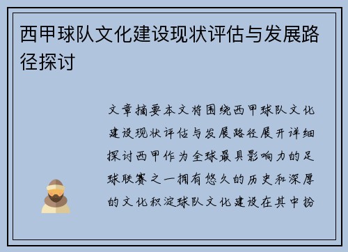 西甲球队文化建设现状评估与发展路径探讨