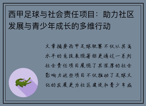 西甲足球与社会责任项目：助力社区发展与青少年成长的多维行动