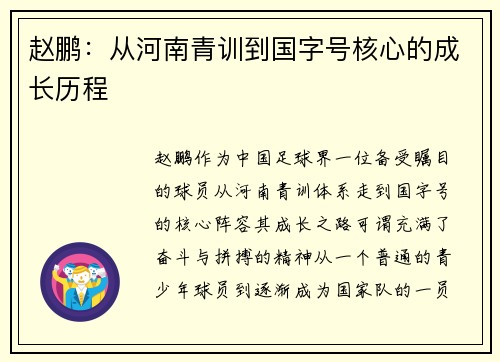 赵鹏：从河南青训到国字号核心的成长历程